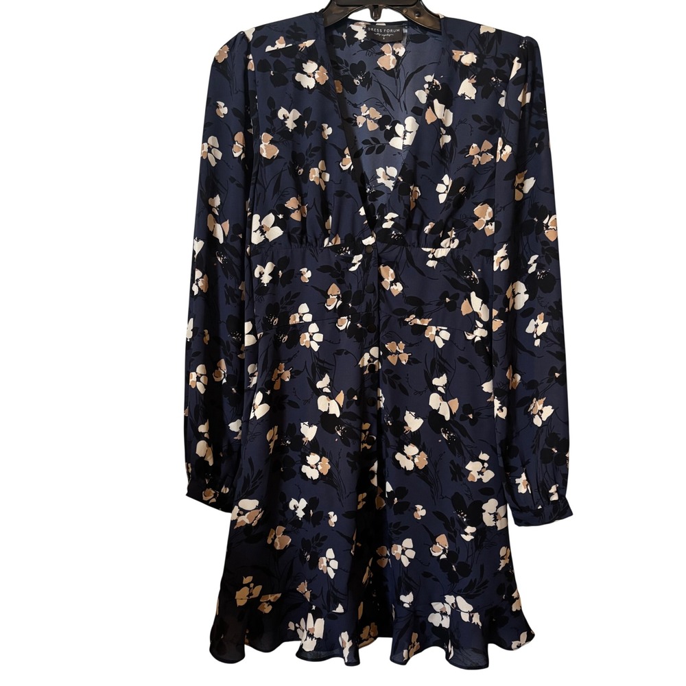 Dress Forum Women's Mini Dress Small Black Floral‎ V-Neck Long Sleeve Ruffle Hem